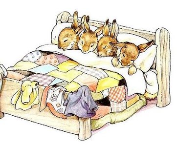 4 sleeping baby bunnies in a bed