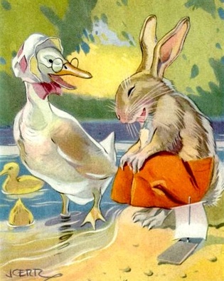Vintage image of bunny and a duck with yellow swimming chicks 