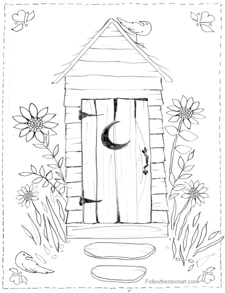 Country outhouse bathroom coloring page
