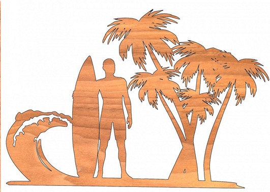 wood cut image of palm trees & surfer