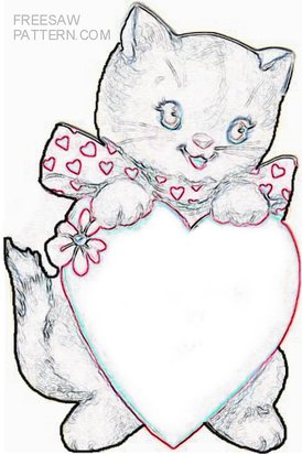kitten and heart Valentine craft pattern