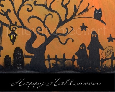 Halloween scene ghosts & graveyard